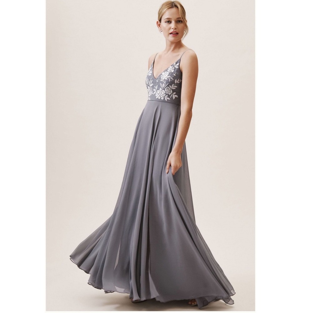 Anthropologie BHLDN Sadia Embroidered Maxi Dress Gray Floral V-Neck Slit Gown